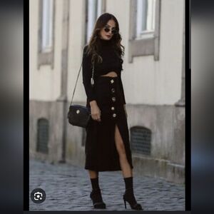 Zara black tweed with unmatched Asymmetrical gold buttons midi skirt